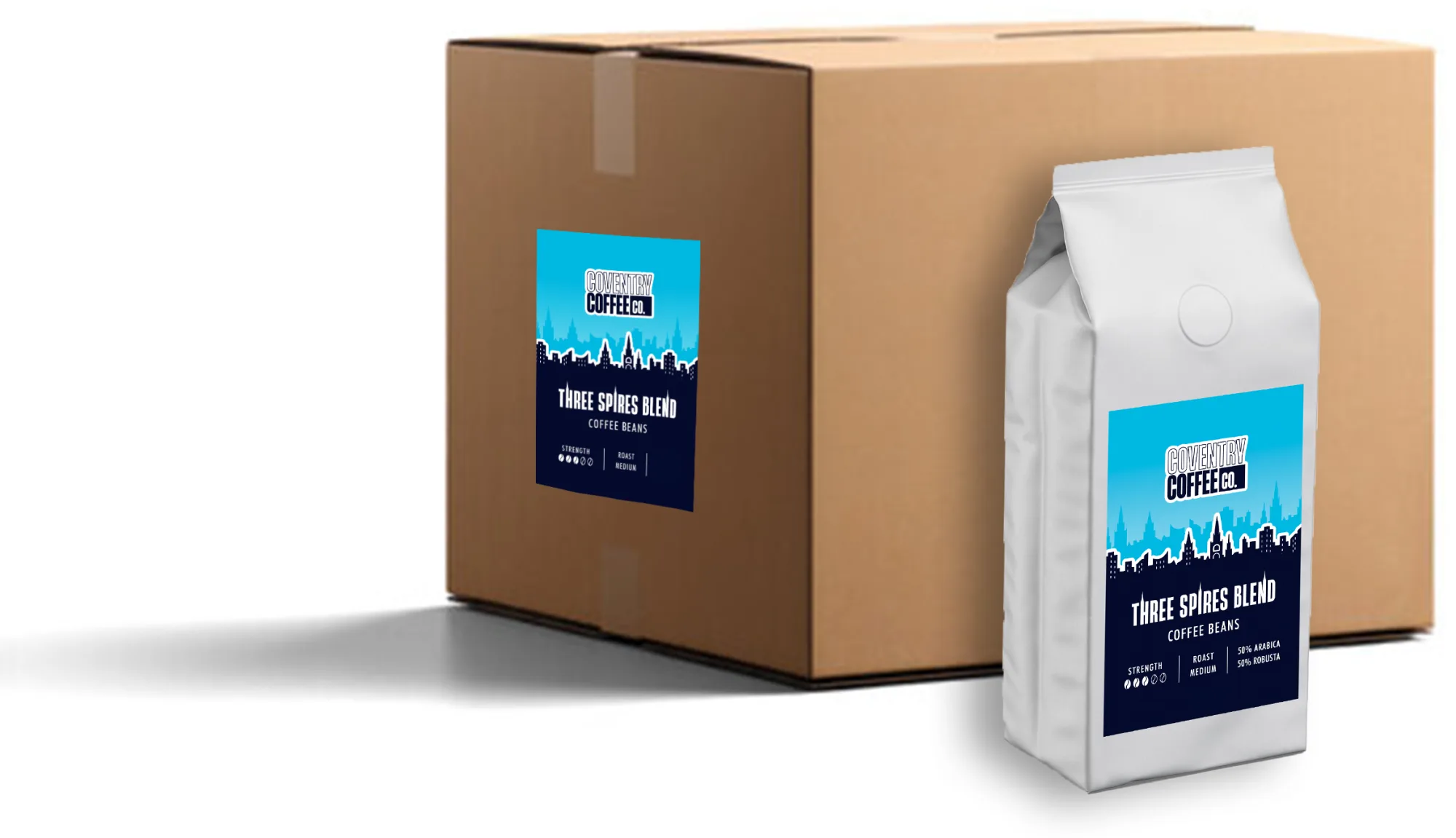 Coventry Coffee Co Three Spires Blend coffee beans bag and bulk box