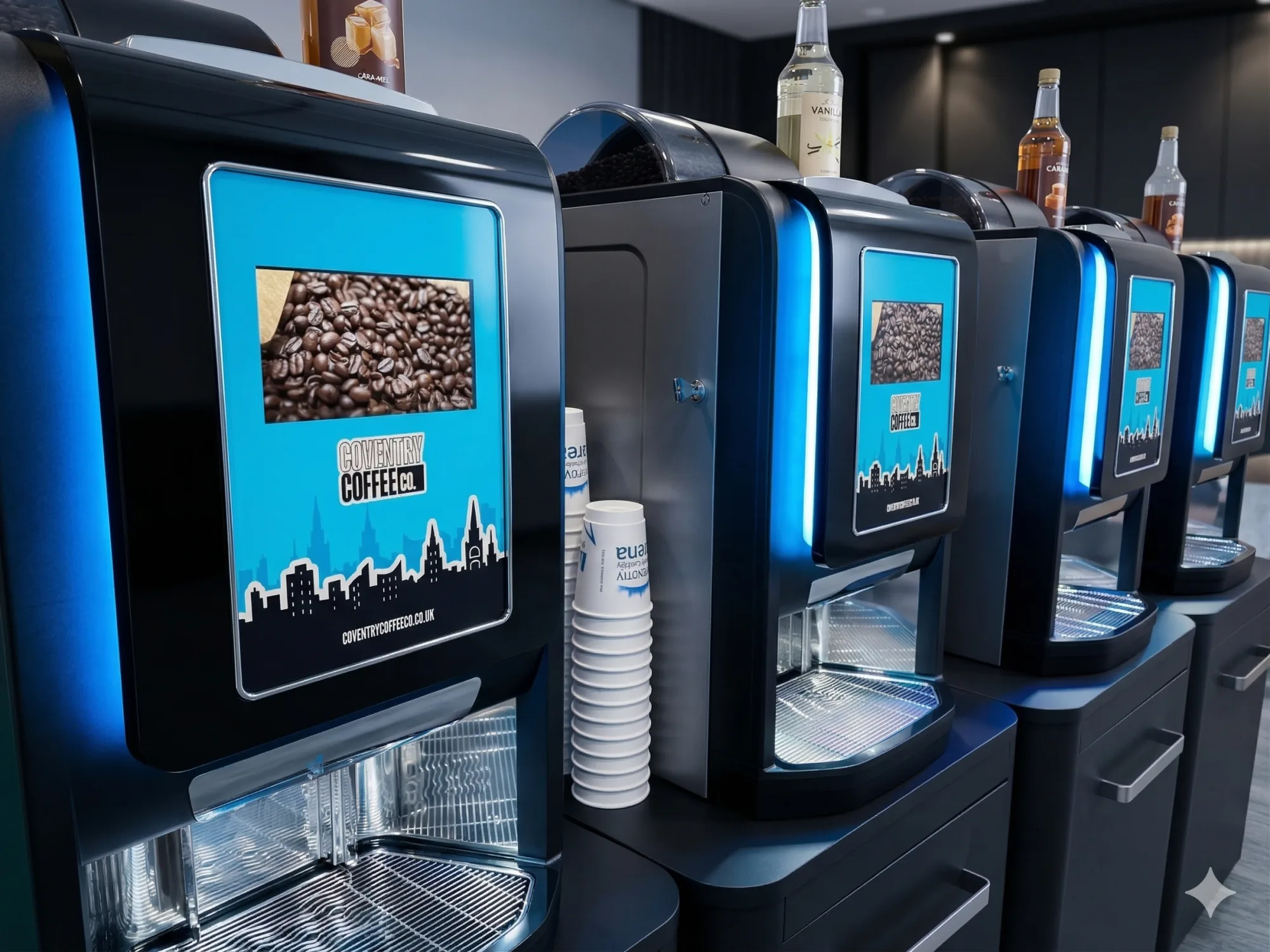 Row of Coventry Coffee Co branded machines